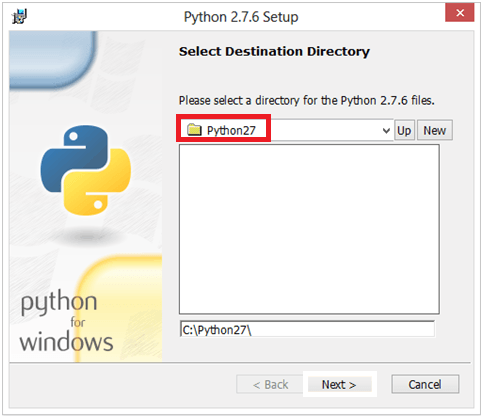O diretório padrão Python27(evitando pontuação ou caracteres distintos)